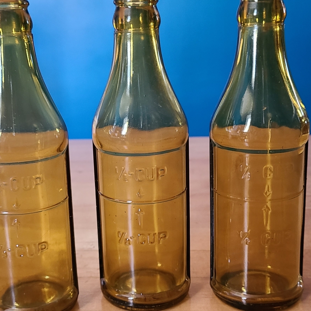 Vintage Amber Glass Apothecary Bottles, 1/2 Cup Measure Line, 7.5” Tall Set Of 3